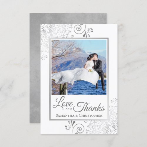 Elegant Silver Lace on White Love  Thanks Wedding Thank You Card