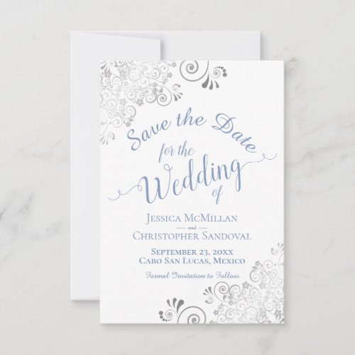 Elegant Silver Lace Periwinkle Blue White Wedding Save The Date