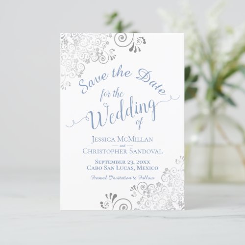 Elegant Silver Lace Periwinkle Blue White Wedding Save The Date