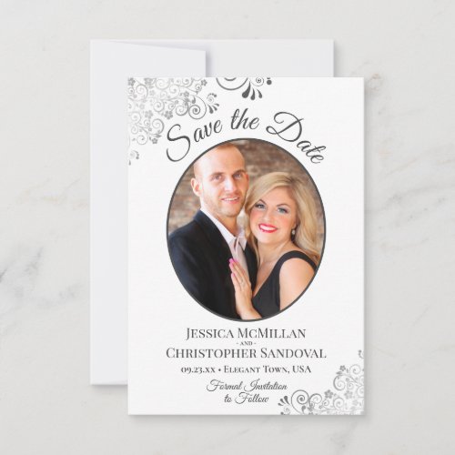 Elegant Silver Lace Photo Gray on White Wedding Save The Date