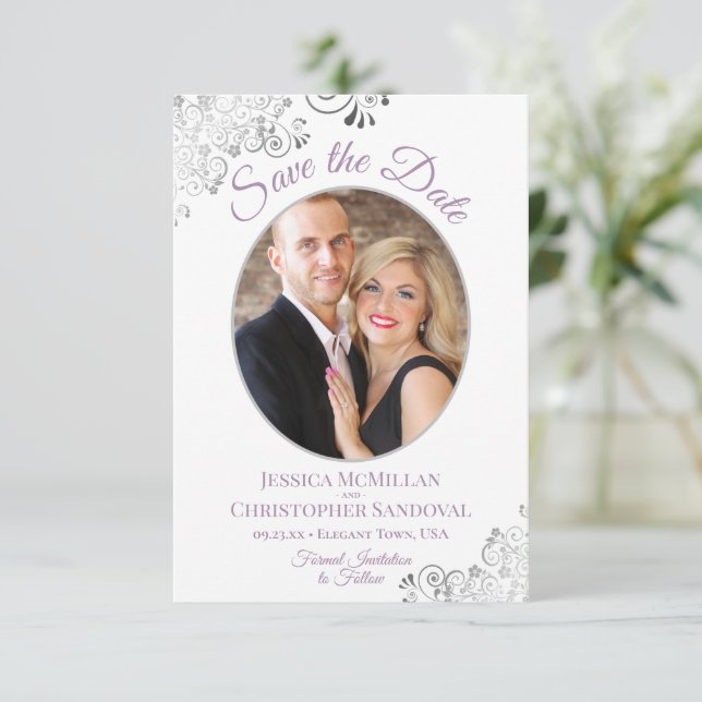 Elegant Silver Lace Photo Lavender & White Wedding Save The Date (Standing Front)