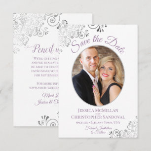 Elegant Silver Lace Photo Lavender & White Wedding Save The Date