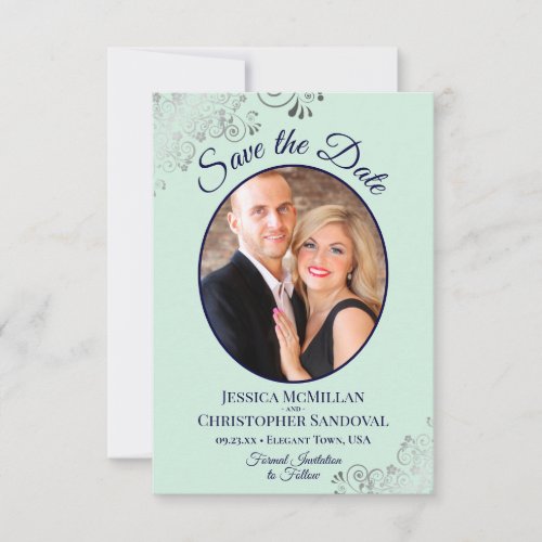 Elegant Silver Lace  Photo Mint  Navy Wedding Save The Date