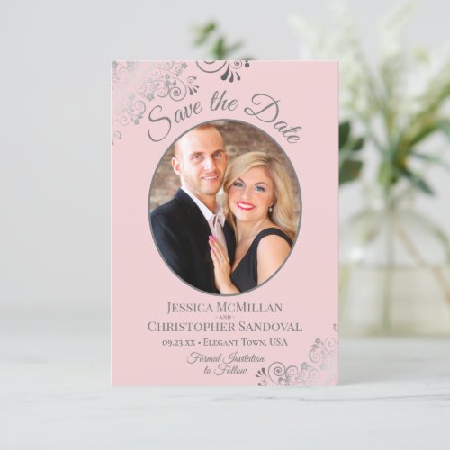 Elegant Silver Lace  Photo on Blush Pink Wedding Save The Date