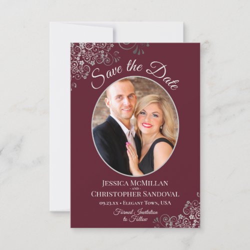 Elegant Silver Lace  Photo on Burgundy Wedding Save The Date