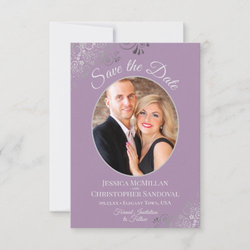 Elegant Silver Lace  Photo on Lavender Wedding Save The Date