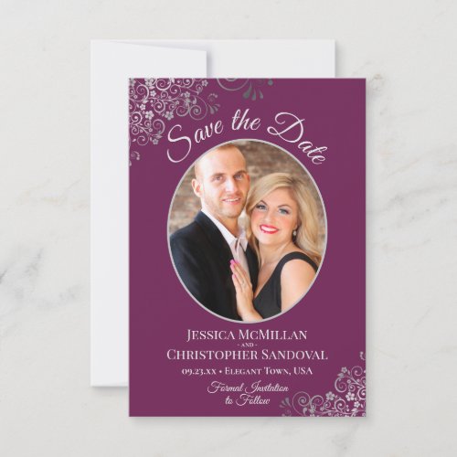 Elegant Silver Lace  Photo on Magenta Wedding Save The Date