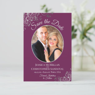 Elegant Silver Lace & Photo on Magenta Wedding Save The Date