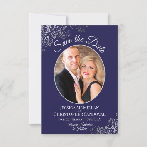 Elegant Silver Lace  Photo on Navy Blue Wedding Save The Date