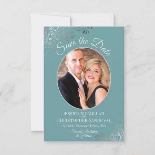 Elegant Silver Lace  Photo on Teal Wedding Save The Date