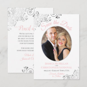Elegant Silver Lace Photo Pink Gray White Wedding Save The Date