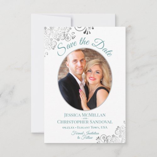 Elegant Silver Lace Photo Teal on White Wedding Save The Date