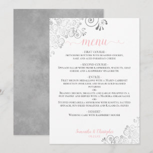 Elegant Silver Lace Pink & Gray on White Wedding Menu