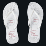 Elegant Silver Lace & Red Maid of Honor Wedding Flip Flops<br><div class="desc">These cute flip flops are a fun way to thank and recognize the Maid of Honor at your wedding. Features an elegant design with silver gray lace on a white background and fancy crimson red script lettering. There is room for her name and title, as well as the names of...</div>