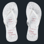 Elegant Silver Lace & Red Maid of Honor Wedding Flip Flops<br><div class="desc">These cute flip flops are a fun way to thank and recognize the Maid of Honor at your wedding. Features an elegant design with silver gray lace on a white background and fancy crimson red script lettering. There is room for her name and title, as well as the names of...</div>