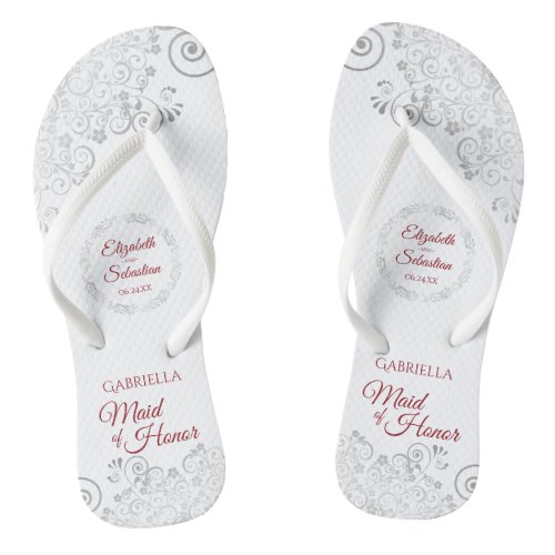 Elegant Silver Lace  Red Maid of Honor Wedding Flip Flops