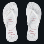 Elegant Silver Lace Red Script Bridesmaid Wedding Flip Flops<br><div class="desc">These cute flip flops are a fun way to thank and recognize the bridesmaids at your wedding. Features an elegant design with silver gray lace on a white background and fancy crimson red script lettering. There is room for her name and title, as well as the names of the wedding...</div>