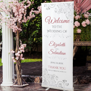 Elegant Silver Lace Red & White Wedding Welcome Retractable Banner