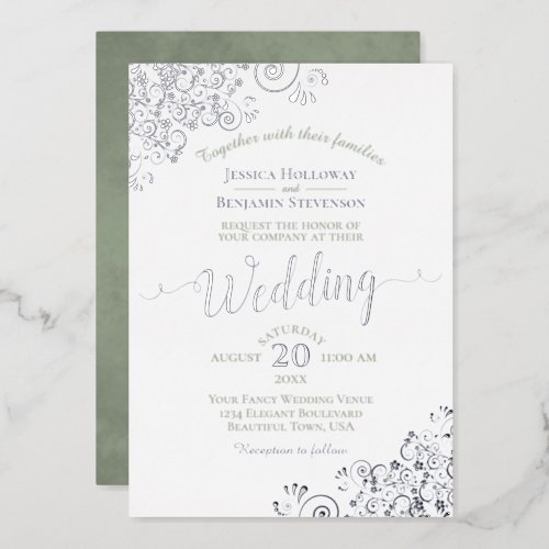 Elegant Silver Lace  Sage Green on White Wedding  Foil Invitation