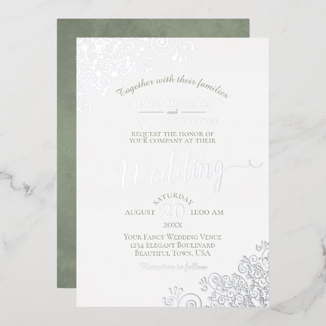 Elegant Silver Lace & Sage Green on White Wedding  Foil Invitation (Front/Back)