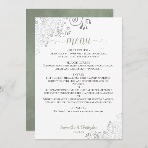 Elegant Silver Lace Sage Green on White Wedding Menu