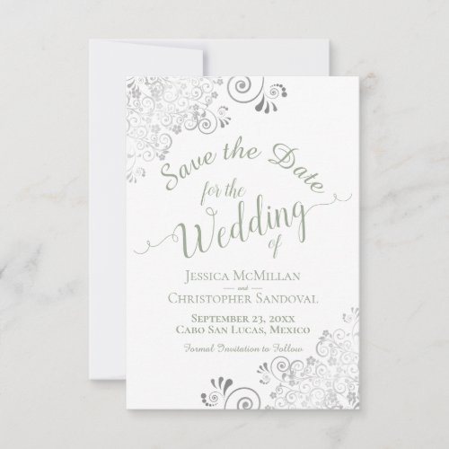 Elegant Silver Lace Sage Green on White Wedding Save The Date