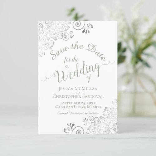 Elegant Silver Lace Sage Green on White Wedding Save The Date