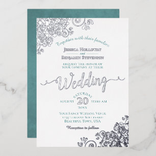 Elegant Silver Lace & Teal on White Wedding Foil Invitation