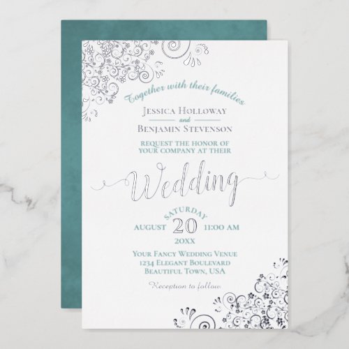 Elegant Silver Lace  Teal on White Wedding Foil Invitation