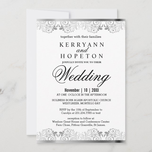 Elegant Silver Lace Wedding  Invitation (Front)
