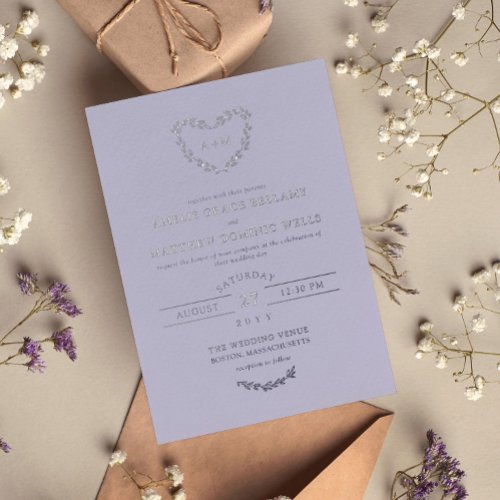 Elegant Silver  Lavender Heart Wreath Wedding Foil Invitation