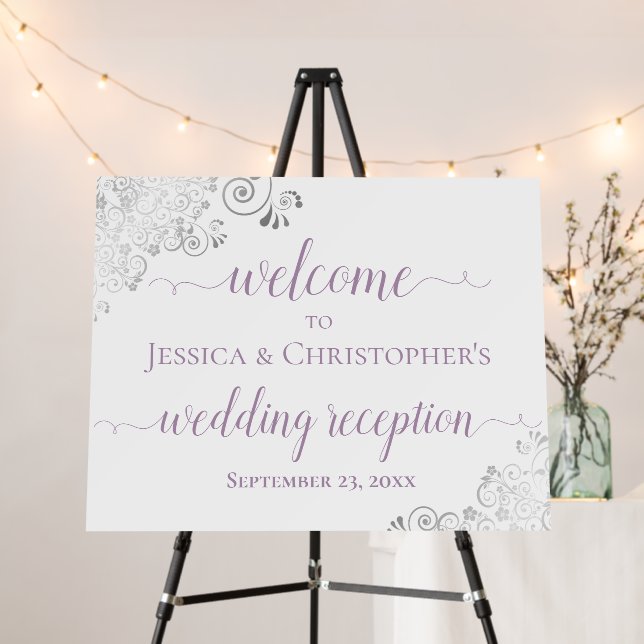 Elegant Silver Lavender Wedding Reception Welcome Foam Board (In Situ (Stand))