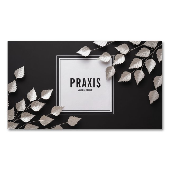 Elegant Silver Leaf Branch Minimalist Black Business Card Magnet (Front)