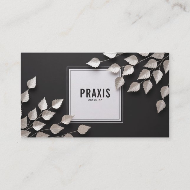 Elegant Silver Leaf Modern Geometric Black Luxury Business Card (Front)