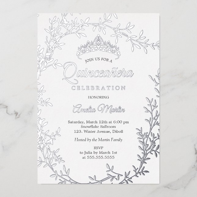 Elegant Silver Leaf Wreath Quinceanera Foil Invitation (Front)