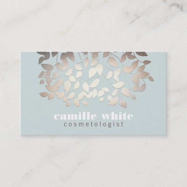 Elegant Silver Leaves Light Blue Business Card (Front)