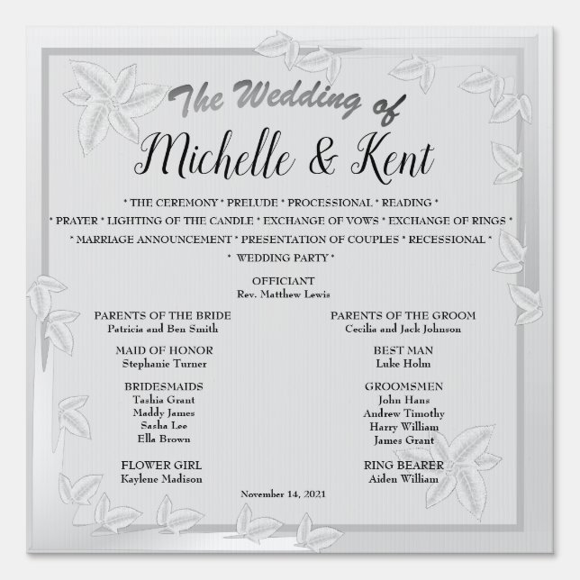 Elegant Silver Leaves Wedding Garden Sign (Front)