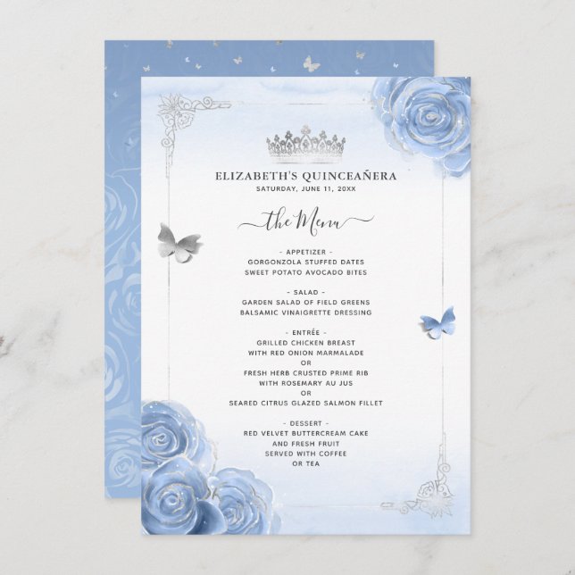 Elegant Silver Light Blue Roses Menu Program (Front/Back)