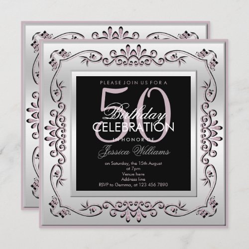 Elegant Silver  Lilac Womens 50th Birthday Invitation