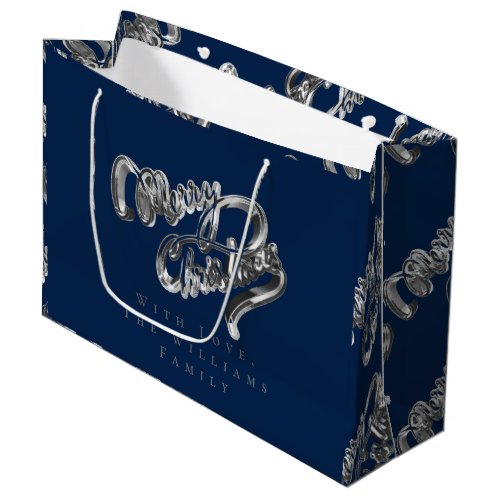 Elegant Silver Look Script Merry Christmas Blue Large Gift Bag