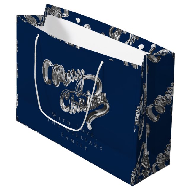 Elegant Silver Look Script Merry Christmas Blue Large Gift Bag (Front Angled)