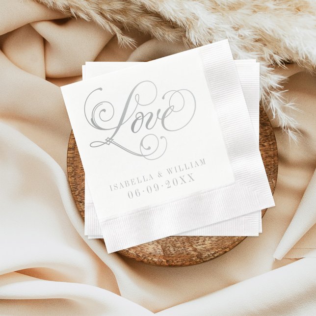 Elegant Silver Love Calligraphy Wedding Napkins (Creator Uploaded)