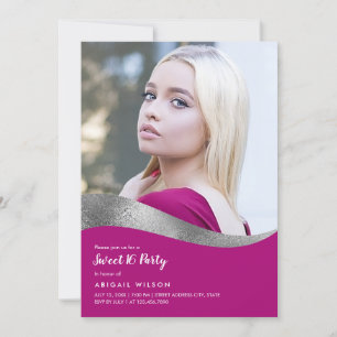 Elegant silver magenta sweet sixteen birthday invitation
