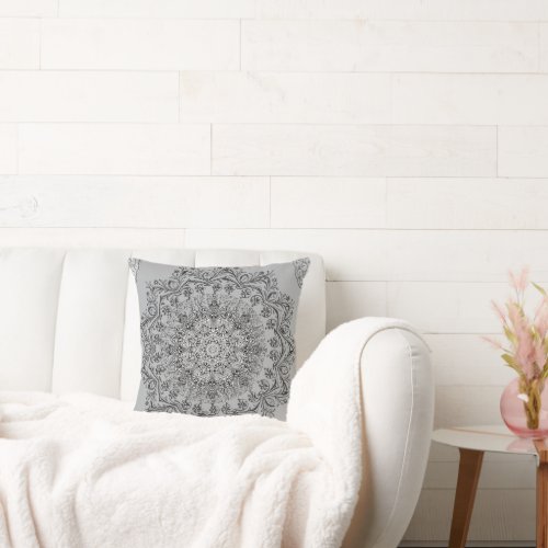 Elegant Silver Mandala Pattern Round Throw Pillow