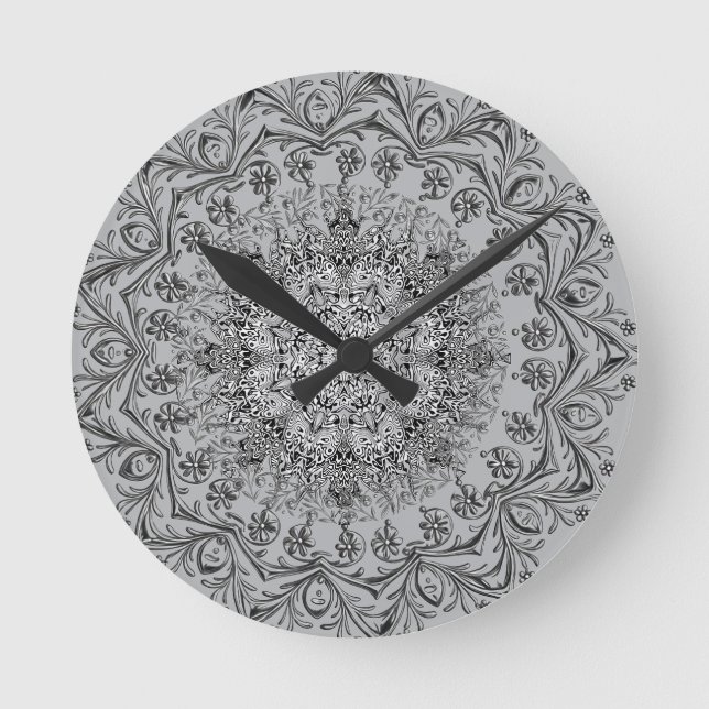 ​Elegant Silver Mandala Pattern Round Wall Clock (Front)