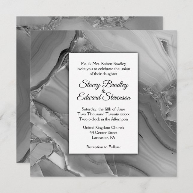 Elegant Silver Marble Agate Wedding Invitation (Front/Back)