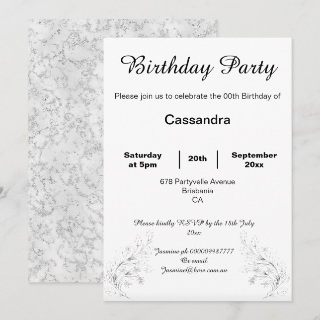 ELEGANT SILVER MARBLE BLACK WHITE CUSTOM BIRTHDAY INVITATION (Front/Back)