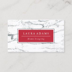 Elegant Silver Marble & Crimson Business Card