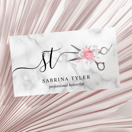 Elegant silver marble floral scissors hairstylist  business card