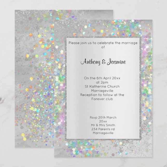 ELEGANT SILVER MARBLE HOLOGRAPHIC PASTEL WEDDING INVITATION (Front/Back)
